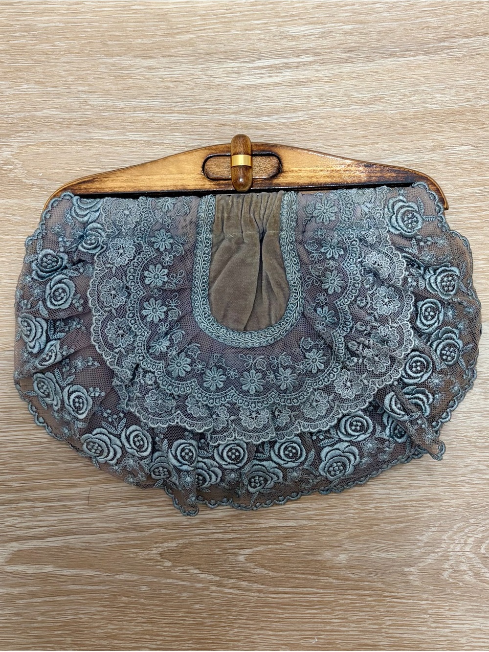 Vintage Japanese Lace Overlay Evening Clutch in Gray/Blue